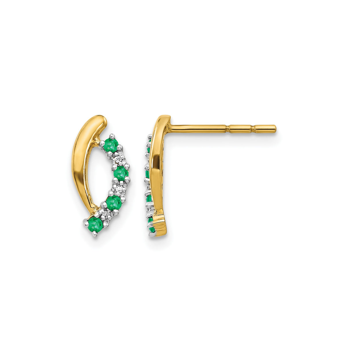 14k Yellow Gold Hoop Earrings with Emeralds and Diamonds, Curved Half Hoops for Women