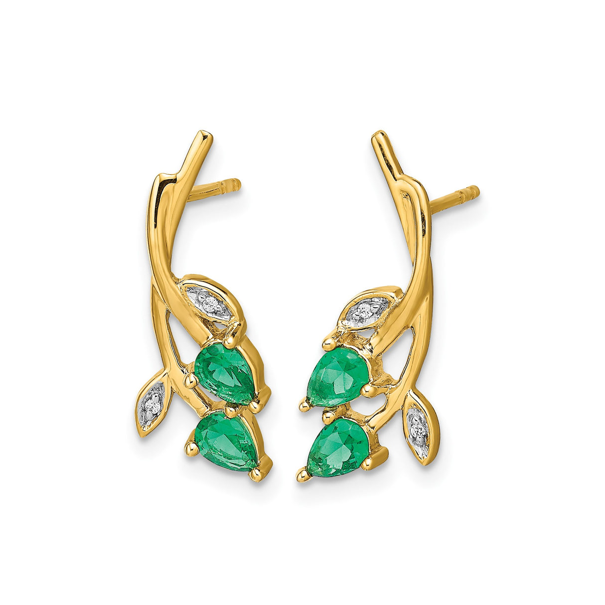 10k Yellow Gold Stud Earrings with Emerald and Diamond, Leafy Branch Floral Design