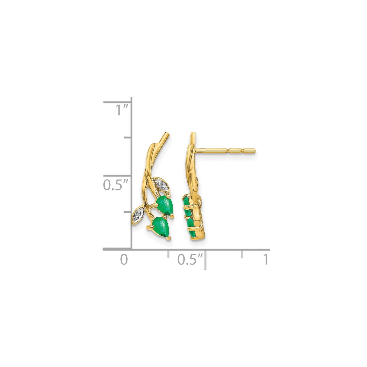 10k Yellow Gold Stud Earrings with Emerald and Diamond, Leafy Branch Floral Design