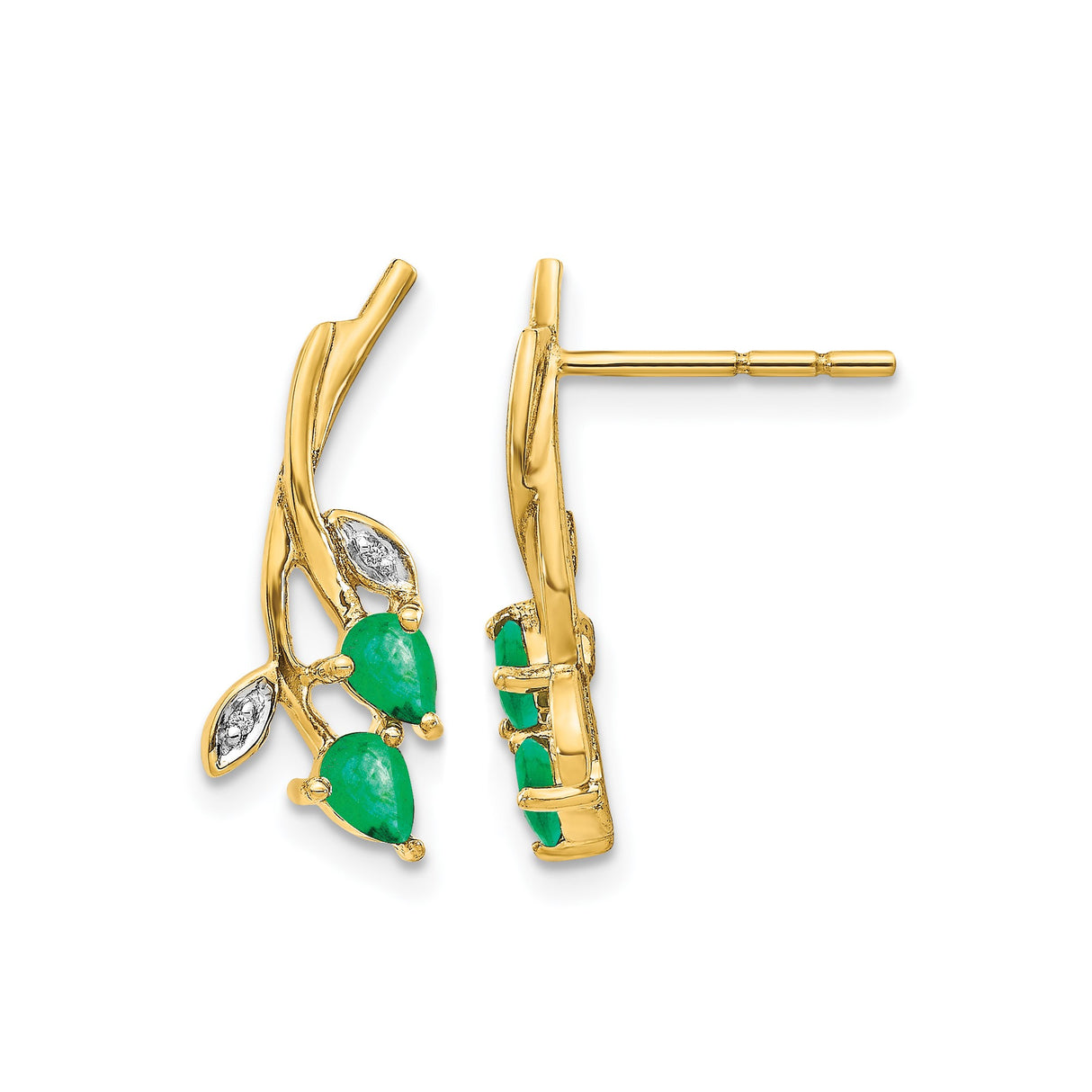 10k Yellow Gold Stud Earrings with Emerald and Diamond, Leafy Branch Floral Design