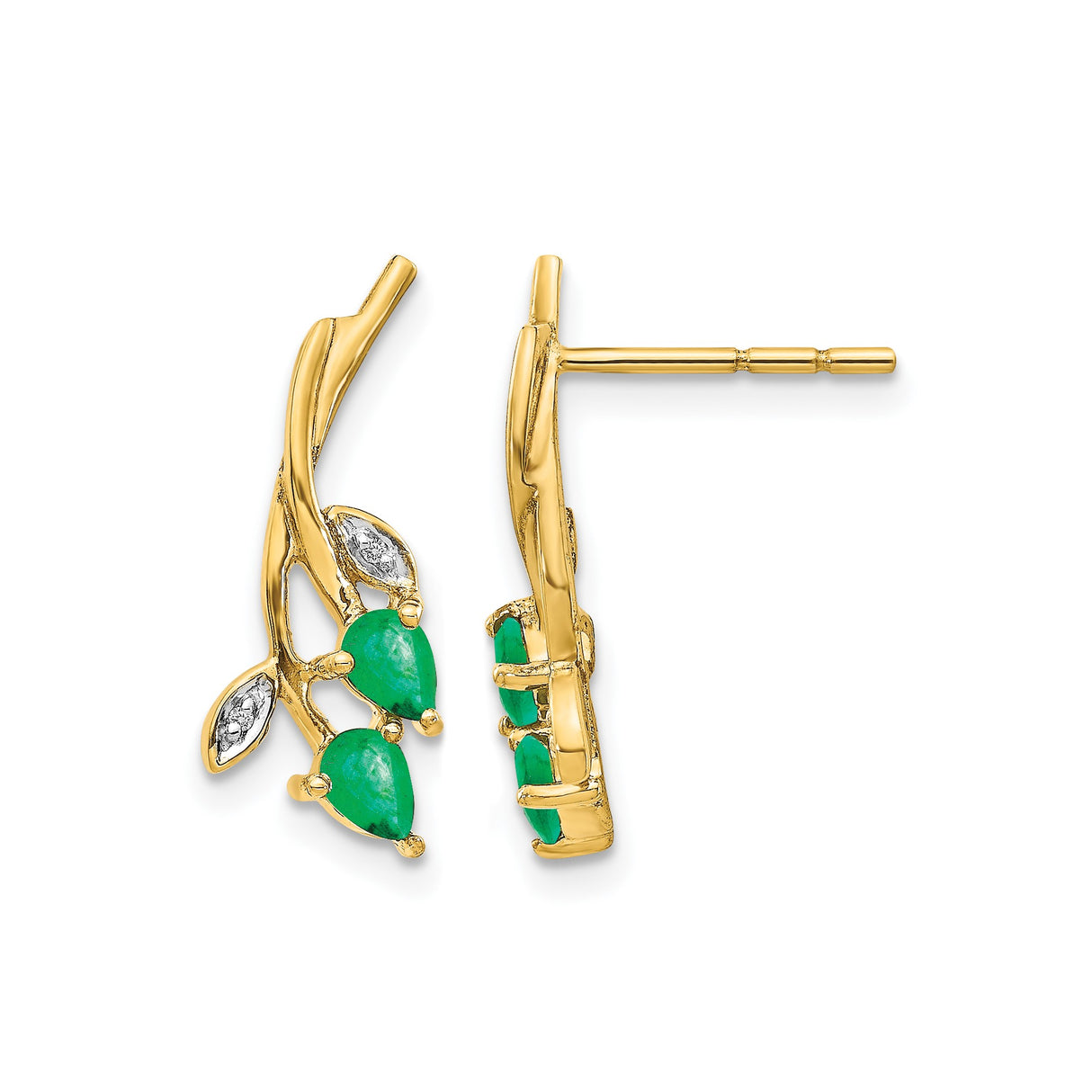 14k Yellow Gold Stud Earrings with Pear Cut Emeralds and Marquise Diamonds, Vine Leaf Design