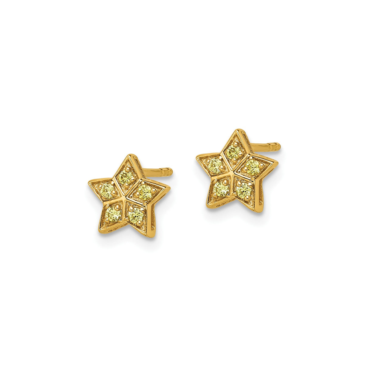 14k Yellow Gold Star Stud Earrings with Light Green Sapphire, Modern Celestial Design for Women