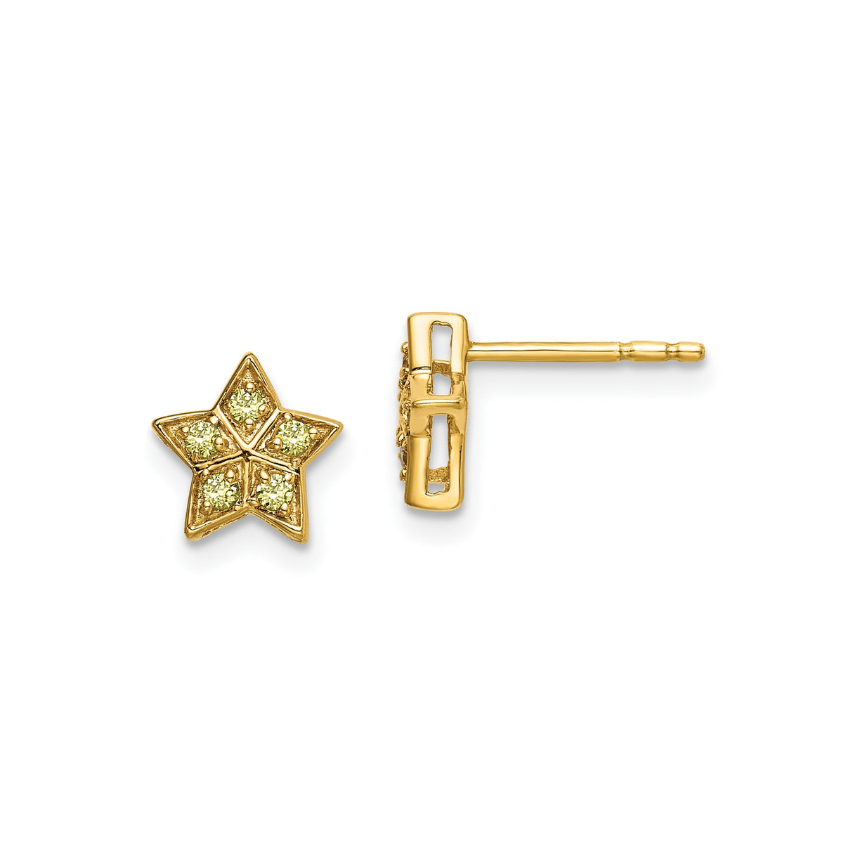 14k Yellow Gold Star Stud Earrings with Light Green Sapphire, Modern Celestial Design for Women