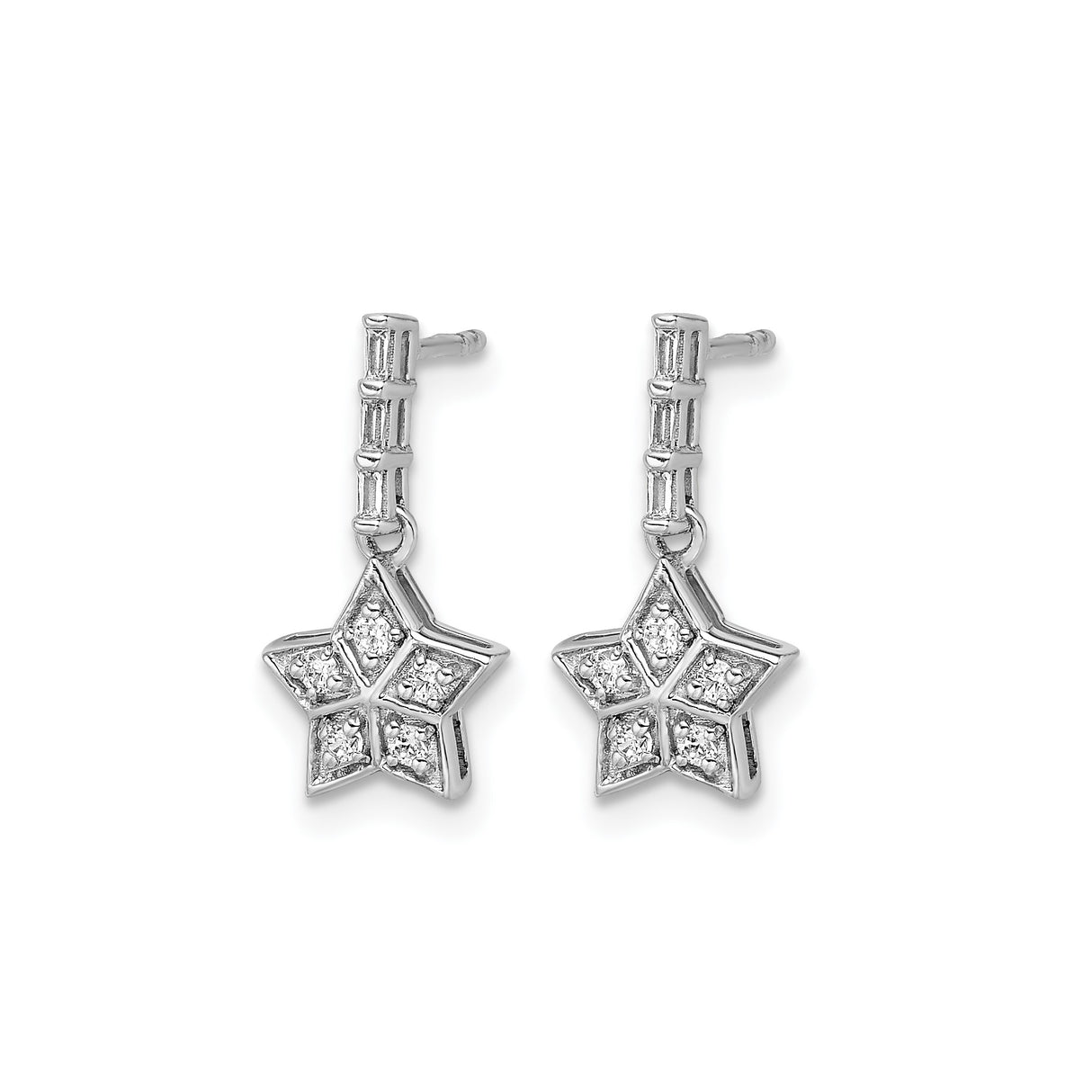 14k White Gold Dangle Earrings with Diamond Accents, Textured Star Charms, Geometric Design
