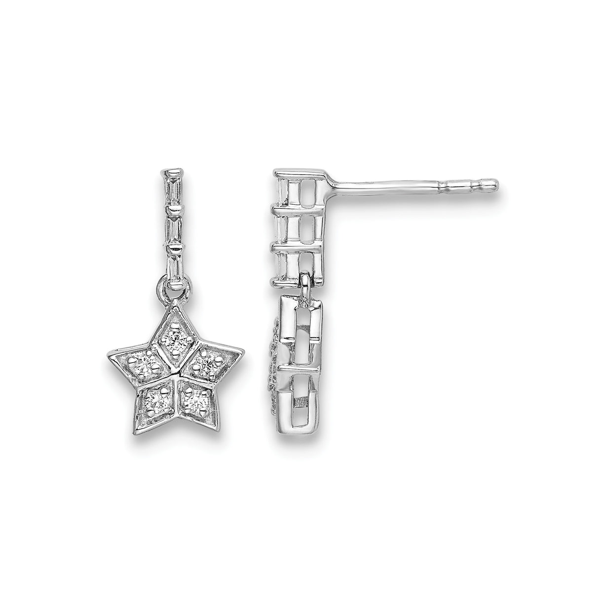 14k White Gold Dangle Earrings with Diamond Accents, Textured Star Charms, Geometric Design