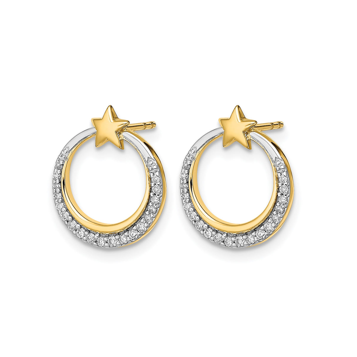 14k Yellow Gold Star and Circle Stud Earrings with Diamond Accents, Celestial Style