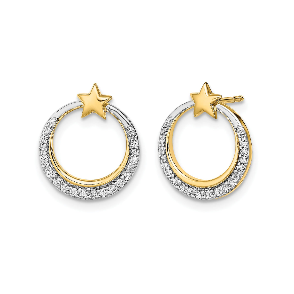 14k Yellow Gold Star and Circle Stud Earrings with Diamond Accents, Celestial Style