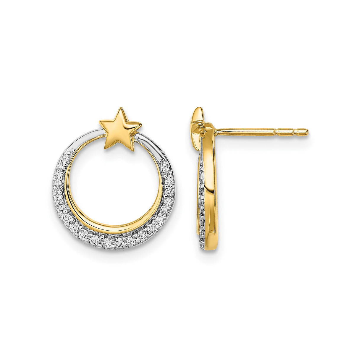 14k Yellow Gold Star and Circle Stud Earrings with Diamond Accents, Celestial Style