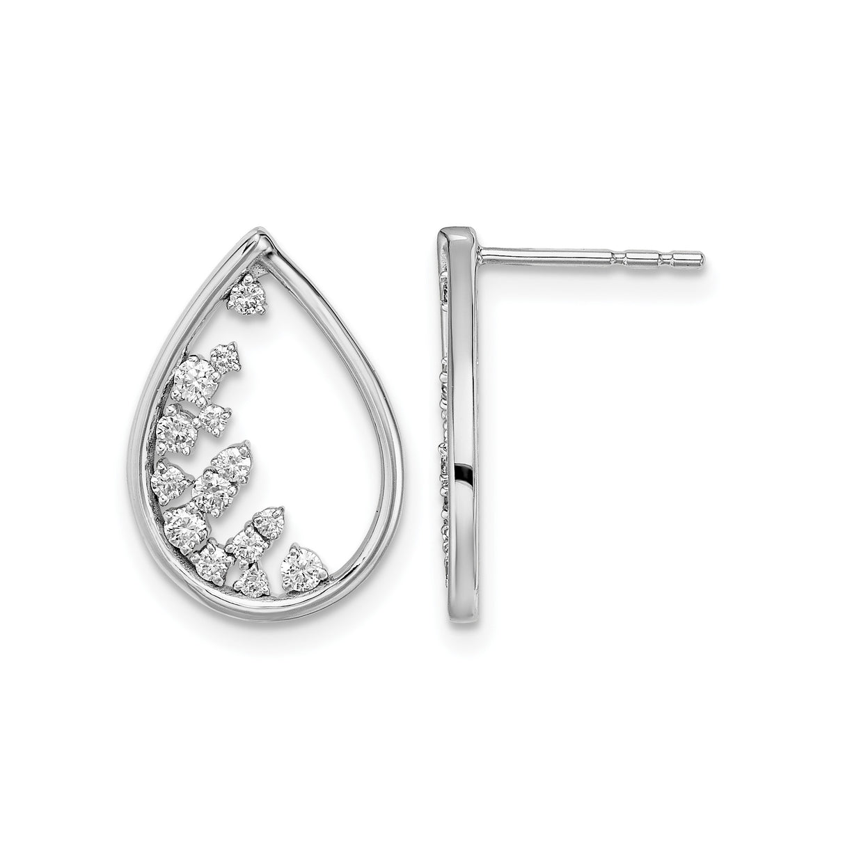14k White Gold Teardrop Earrings with Scattered Diamonds, Open Drop Design for Women