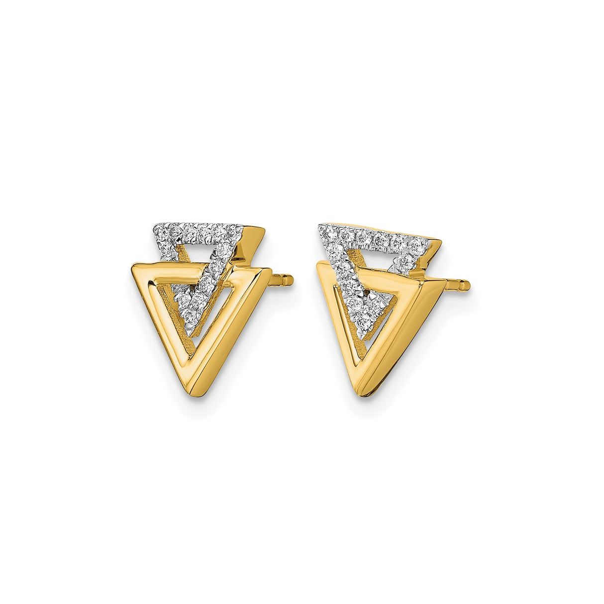 14k Yellow Gold Triangle Stud Earrings with Diamond Pavé, Geometric Minimalist Design