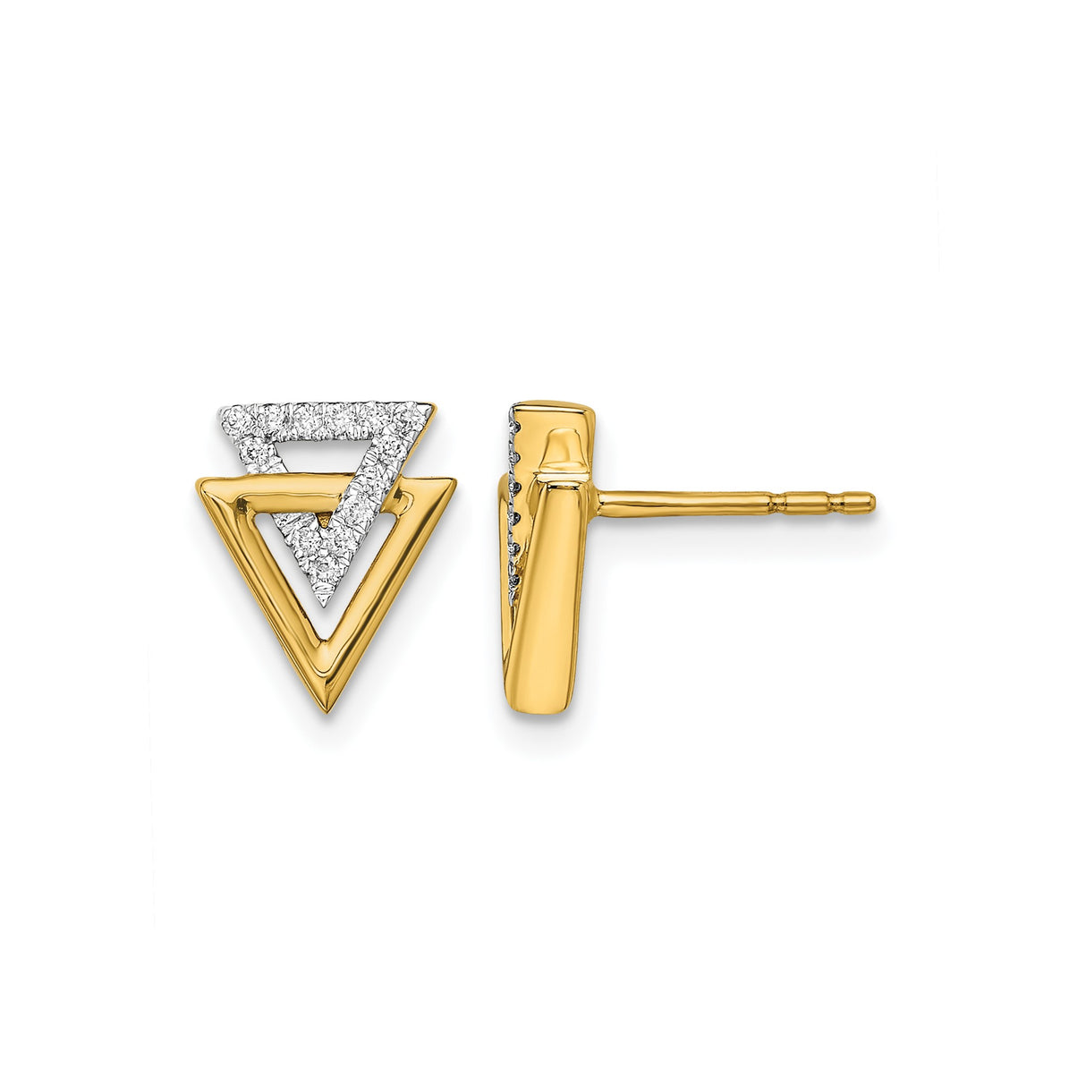 14k Yellow Gold Triangle Stud Earrings with Diamond Pavé, Geometric Minimalist Design