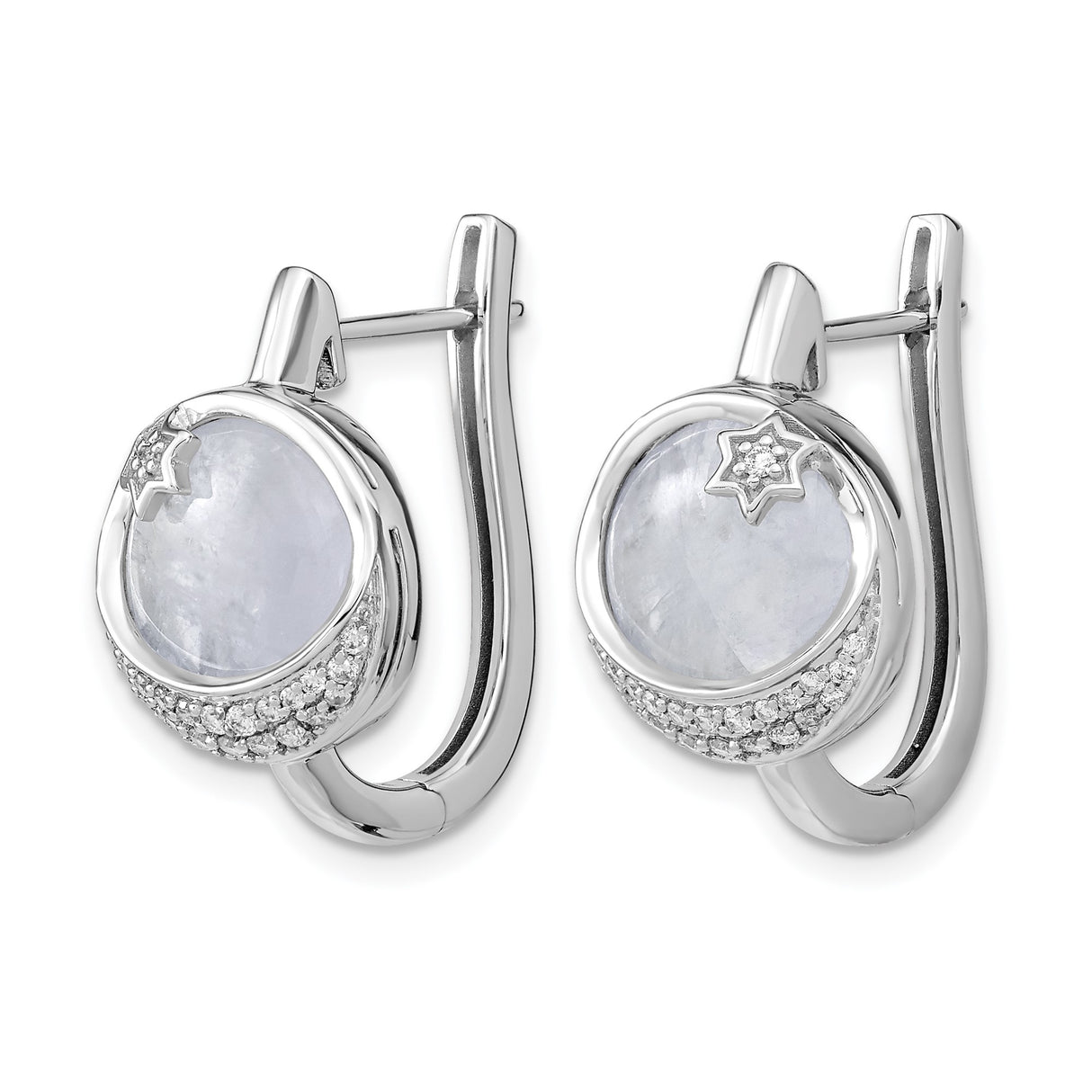 14k White Gold Hoop Earrings with Round Moonstone, Star of David and Diamond Accents