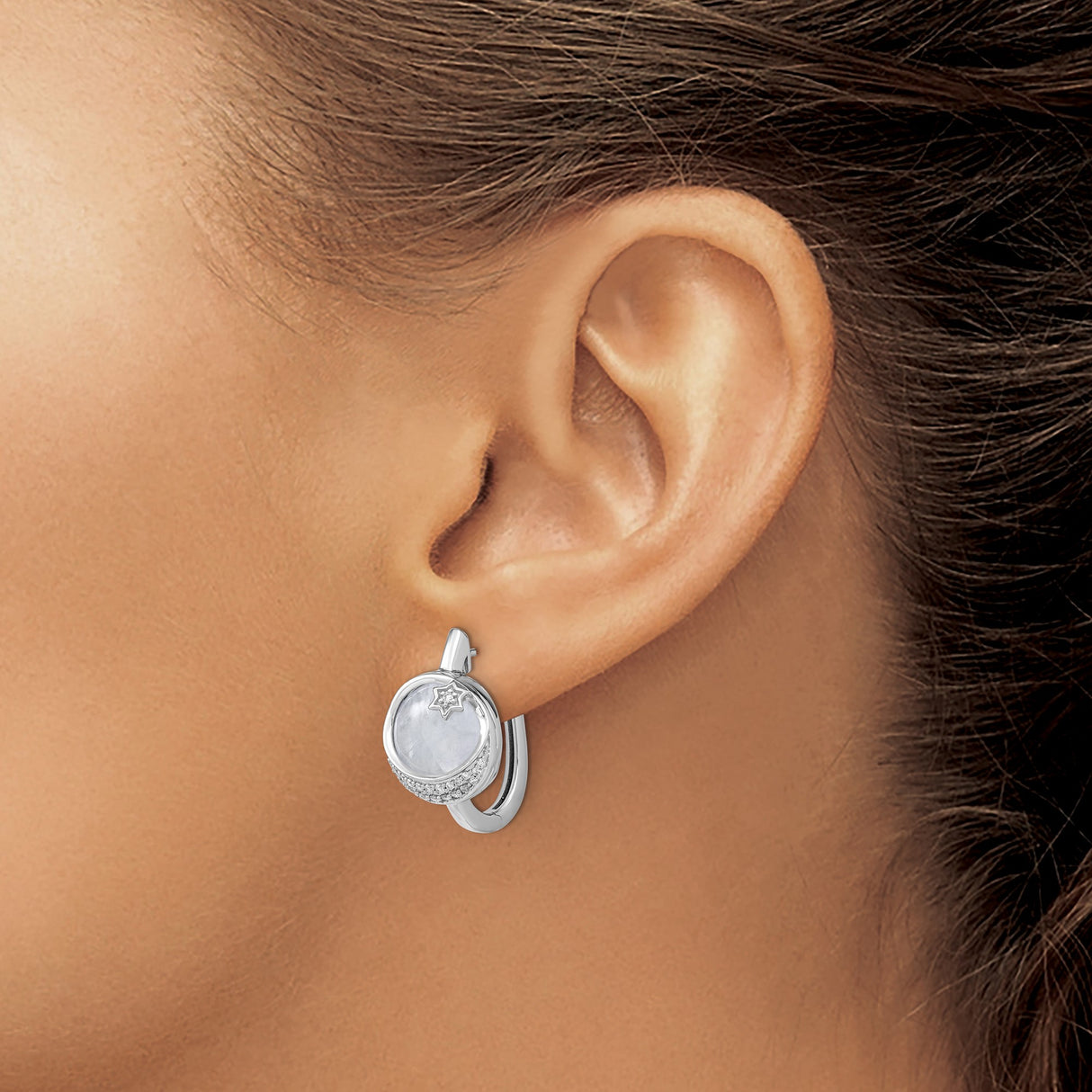 14k White Gold Hoop Earrings with Round Moonstone, Star of David and Diamond Accents