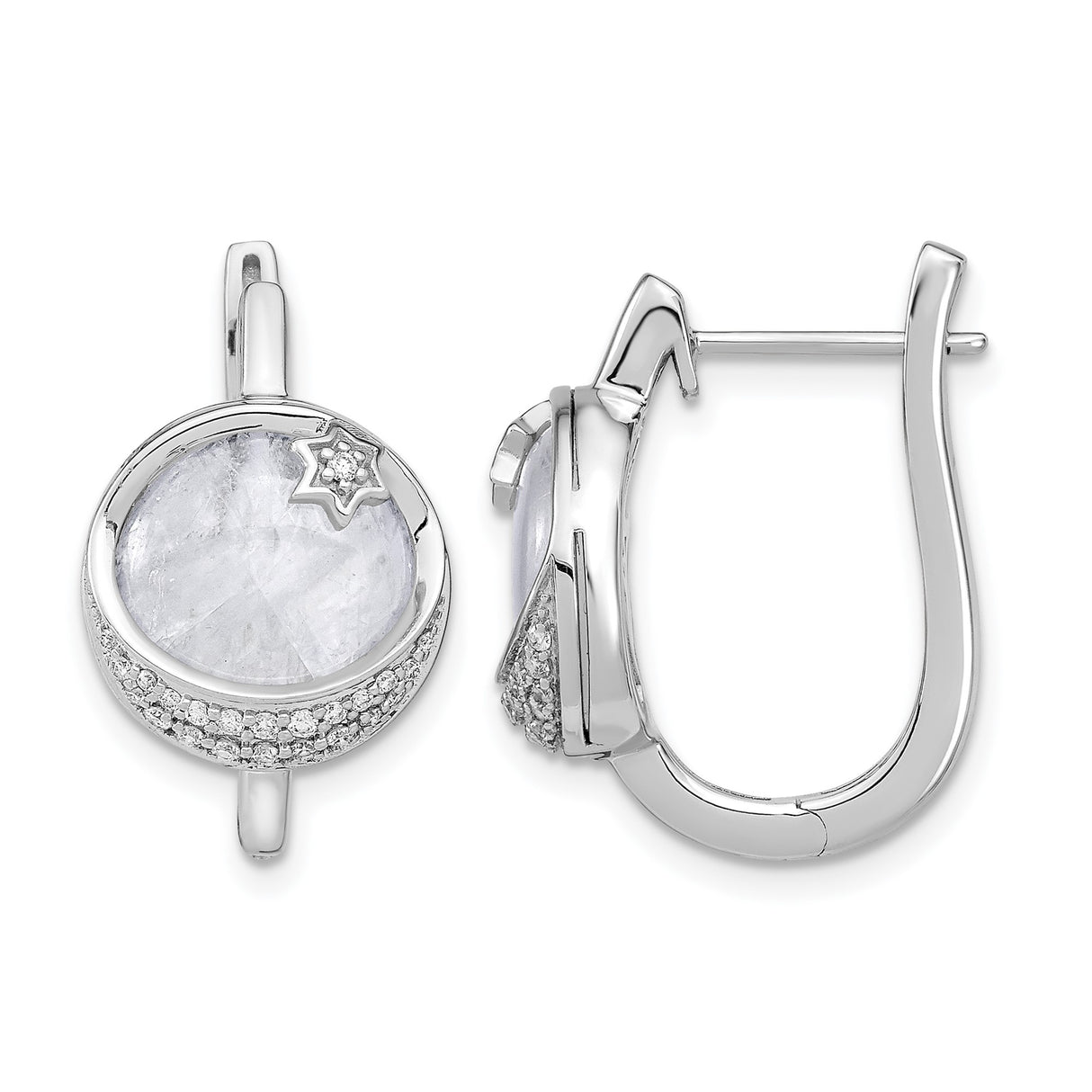 14k White Gold Hoop Earrings with Round Moonstone, Star of David and Diamond Accents
