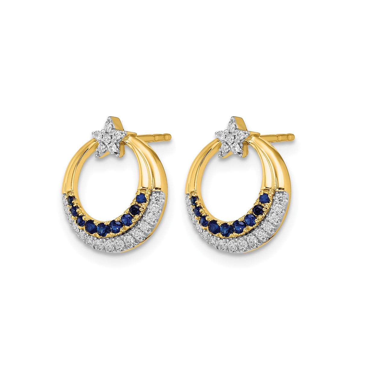 14k Yellow Gold Crescent Moon and Star Earrings with Sapphire, Celestial Studs for Women
