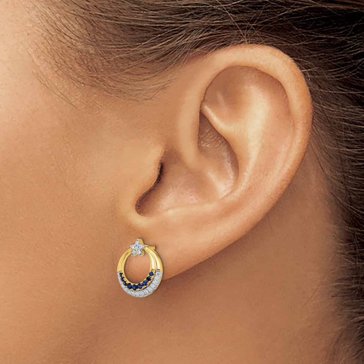 14k Yellow Gold Crescent Moon and Star Earrings with Sapphire, Celestial Studs for Women