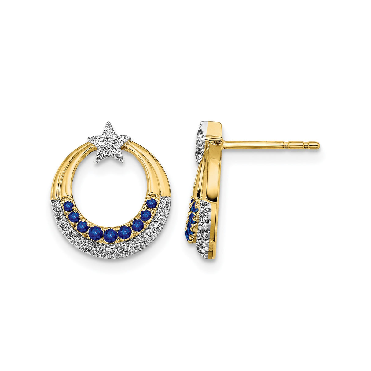 14k Yellow Gold Crescent Moon and Star Earrings with Sapphire, Celestial Studs for Women