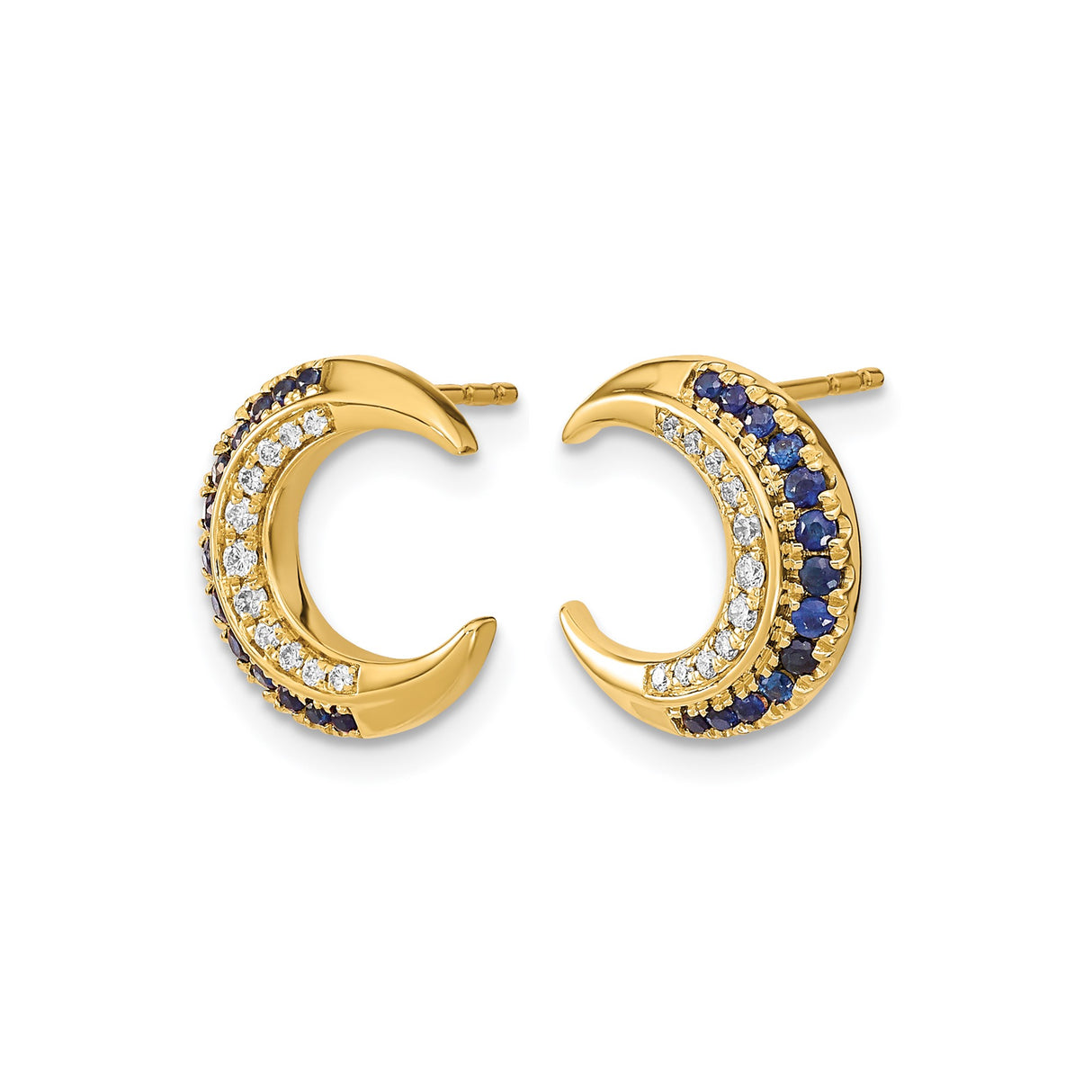 14k Yellow Gold Crescent Moon Stud Earrings with Sapphire and Diamond, Celestial Boho Jewelry