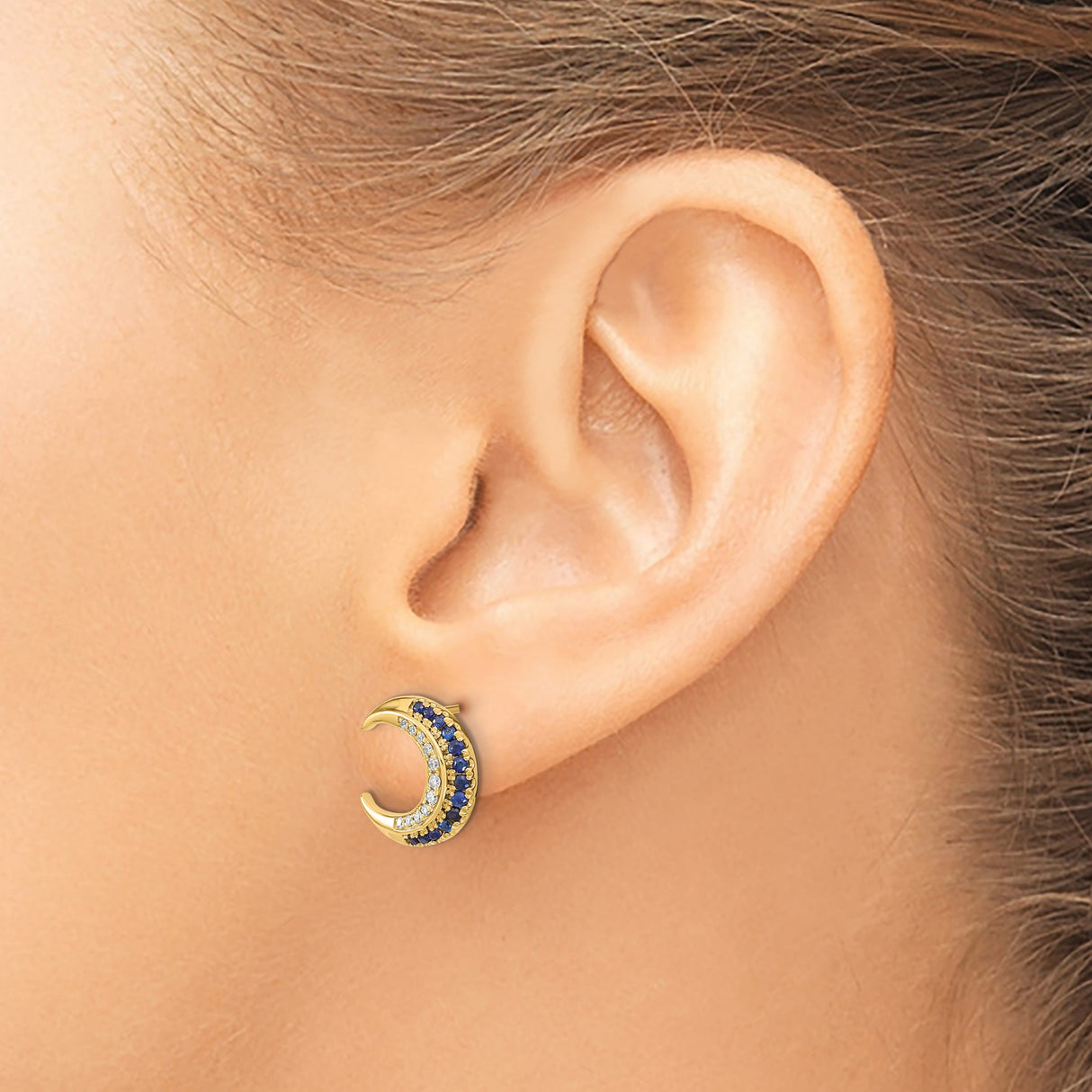 14k Yellow Gold Crescent Moon Stud Earrings with Sapphire and Diamond, Celestial Boho Jewelry