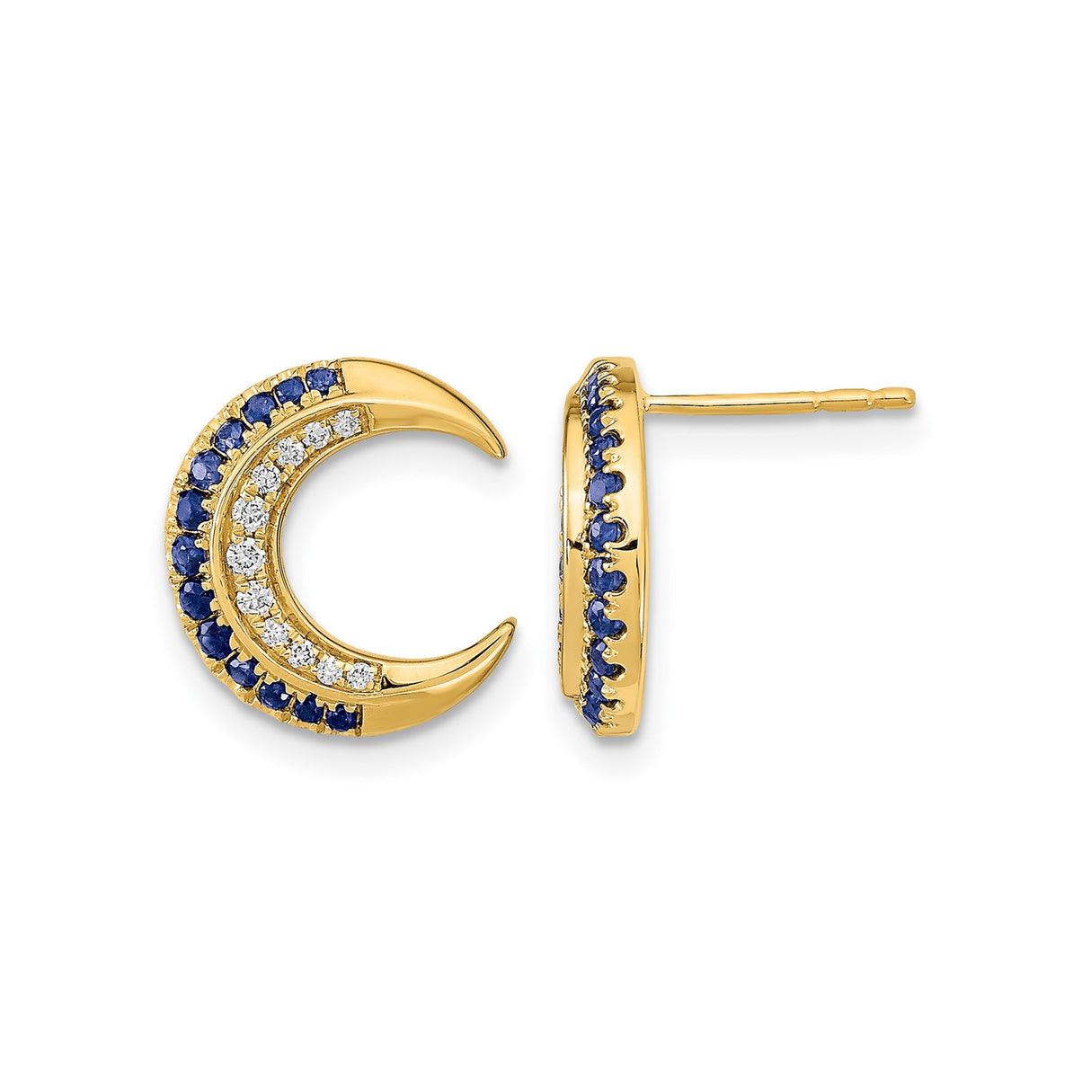 14k Yellow Gold Crescent Moon Stud Earrings with Sapphire and Diamond, Celestial Boho Jewelry
