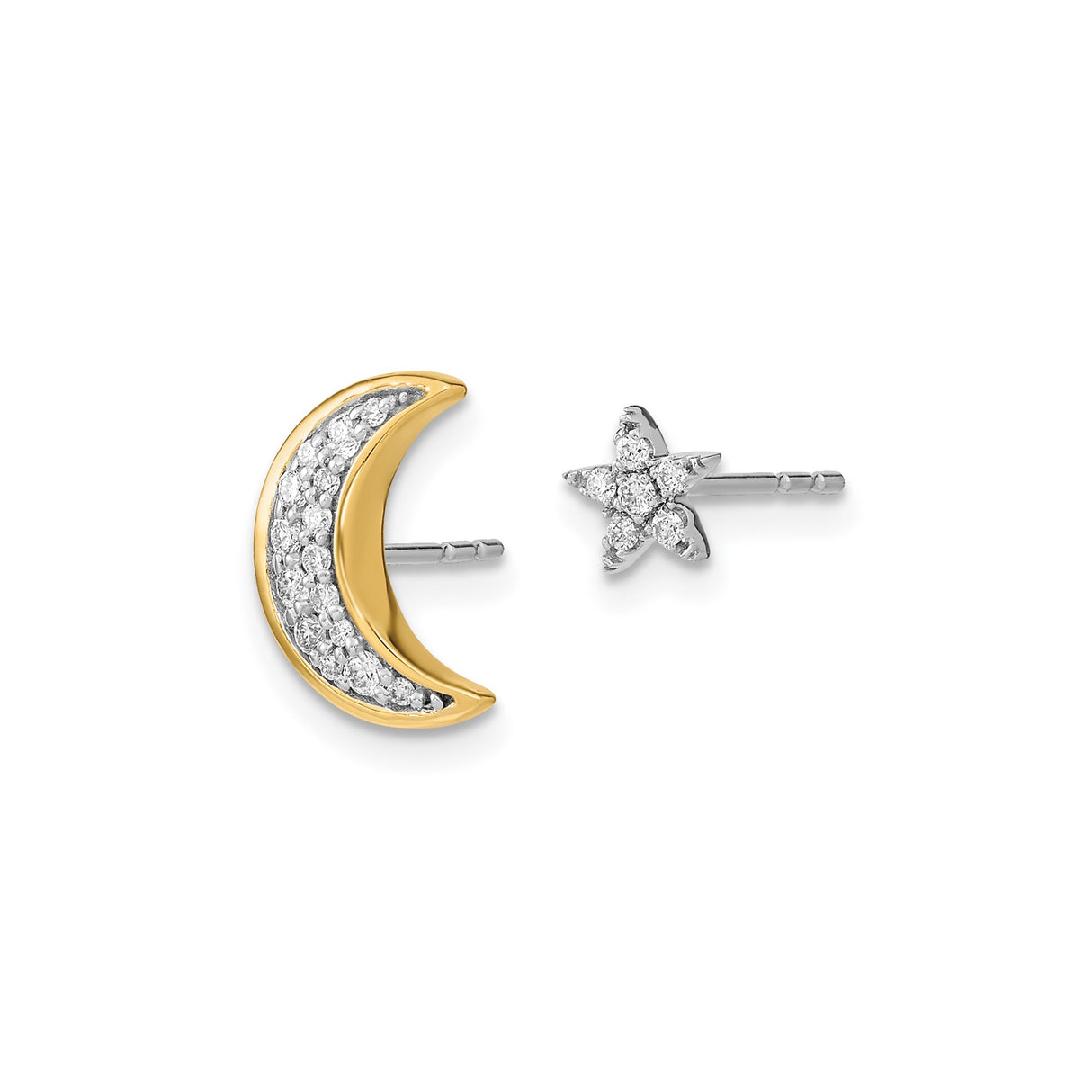 14k Yellow Gold Crescent Moon Stud Earrings with Diamonds, Two-Tone Celestial Design
