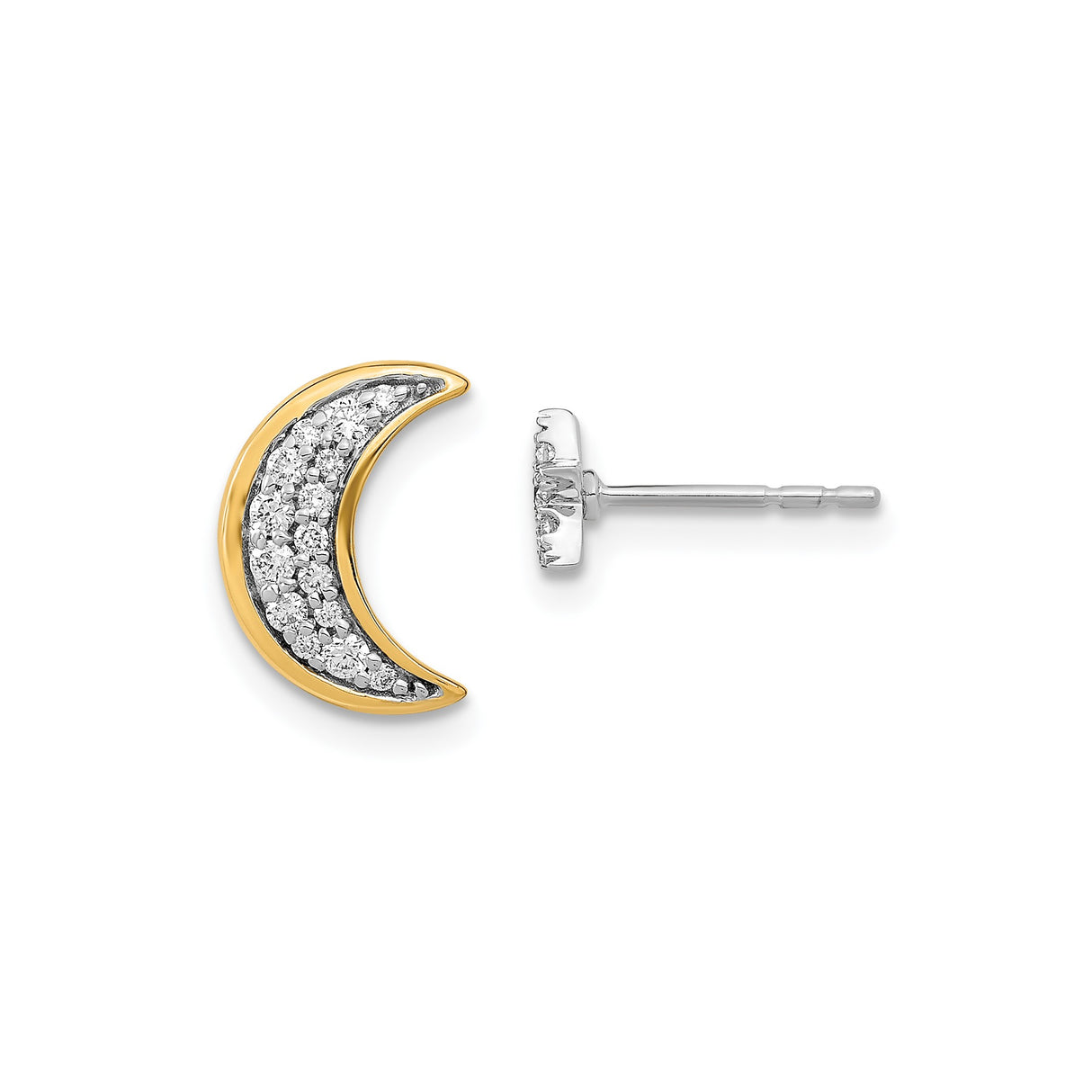 14k Yellow Gold Crescent Moon Stud Earrings with Cubic Zirconia, Two-Tone Celestial Design