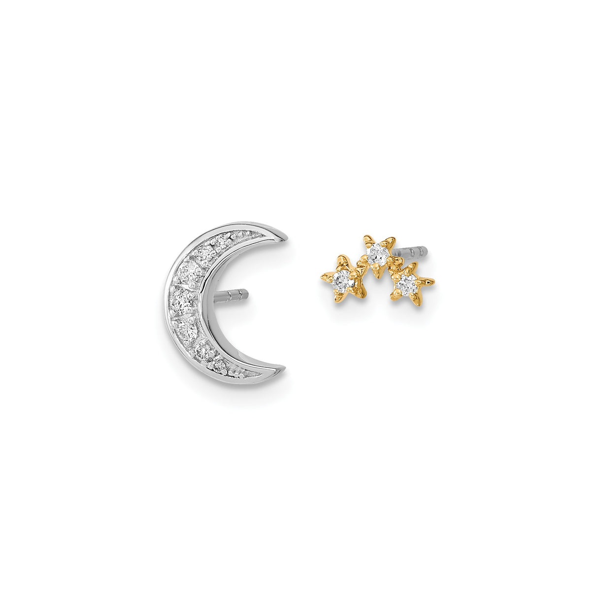 14k Yellow Gold Stud Earrings with Diamond, Two Tone Crescent Moon Celestial Style