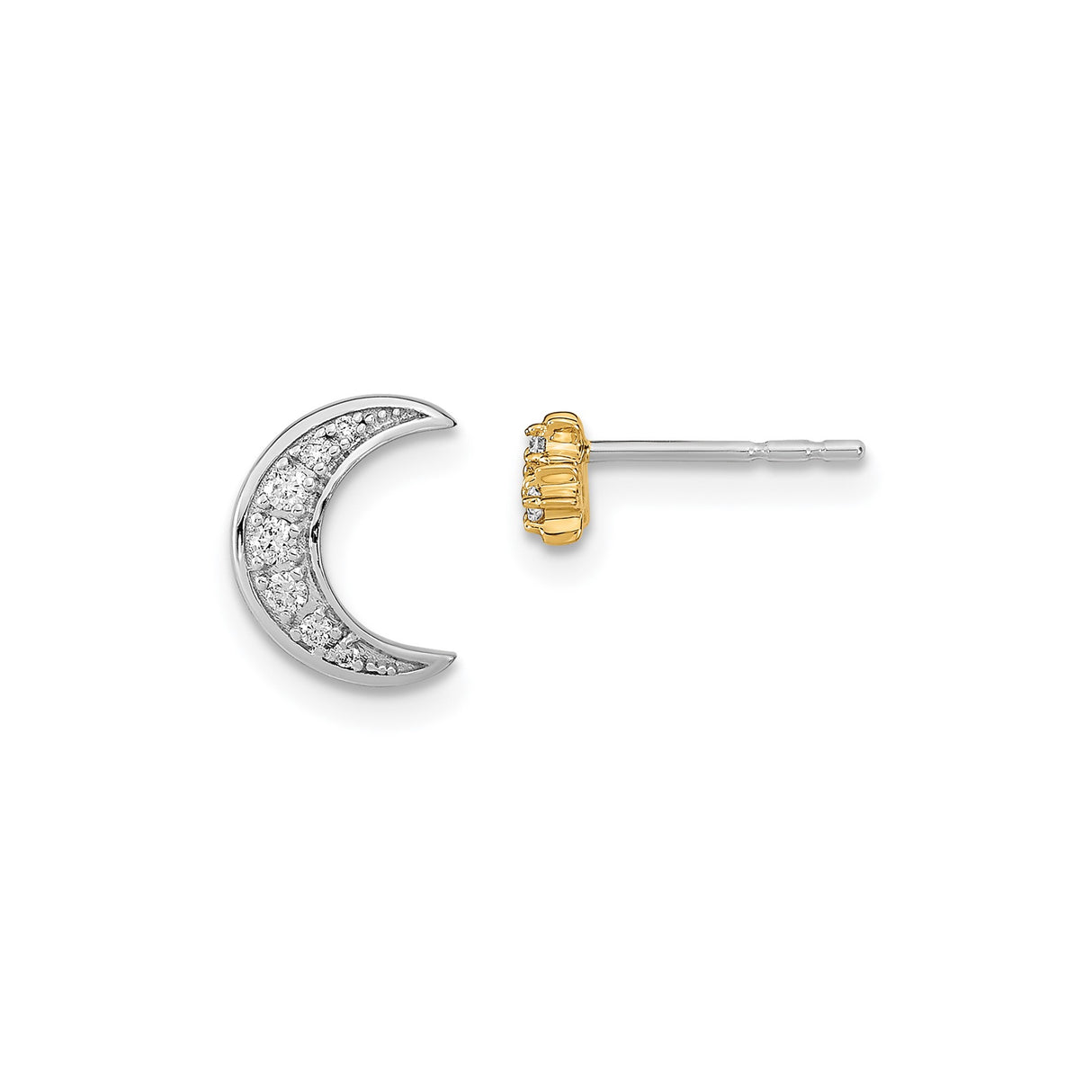 14k Yellow Gold Stud Earrings with Diamond, Two Tone Crescent Moon Celestial Style