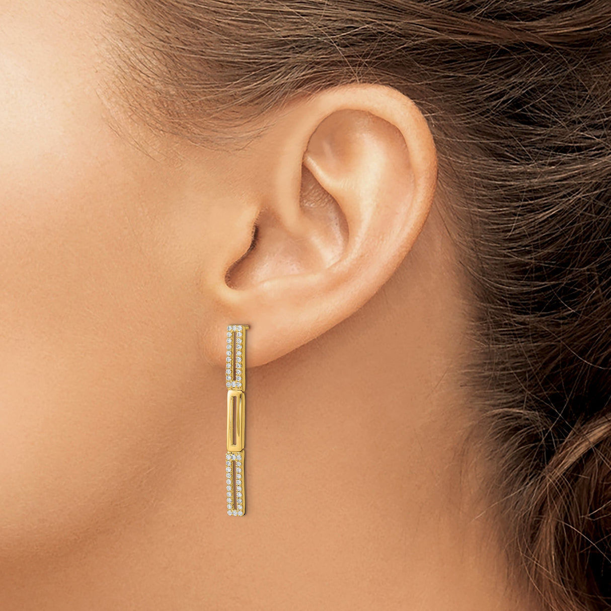 14k Yellow Gold Drop Earrings with Diamond and Geometric Rectangle Cutout Design