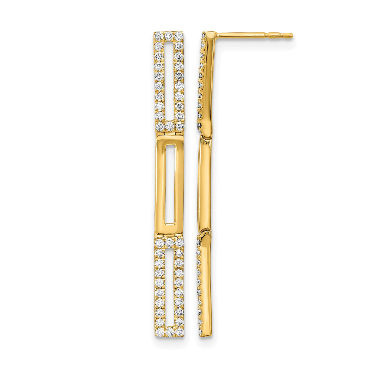 14k Yellow Gold Drop Earrings with Diamond and Geometric Rectangle Cutout Design