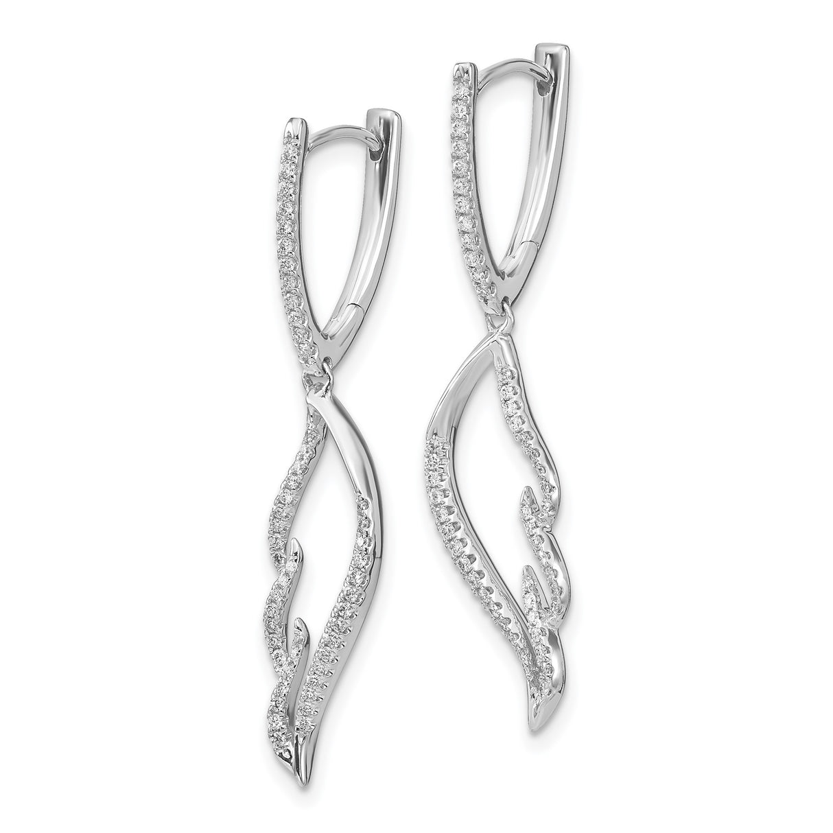 14k White Gold Dangle Earrings with Round Cut Diamonds, Modern Flame Design