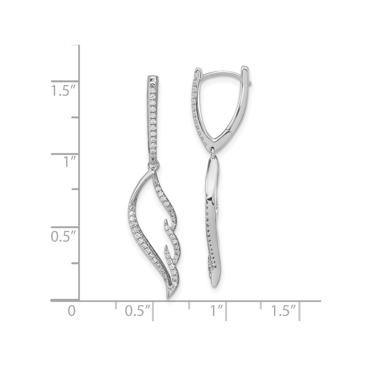 14k White Gold Dangle Earrings with Round Cut Diamonds, Modern Flame Design