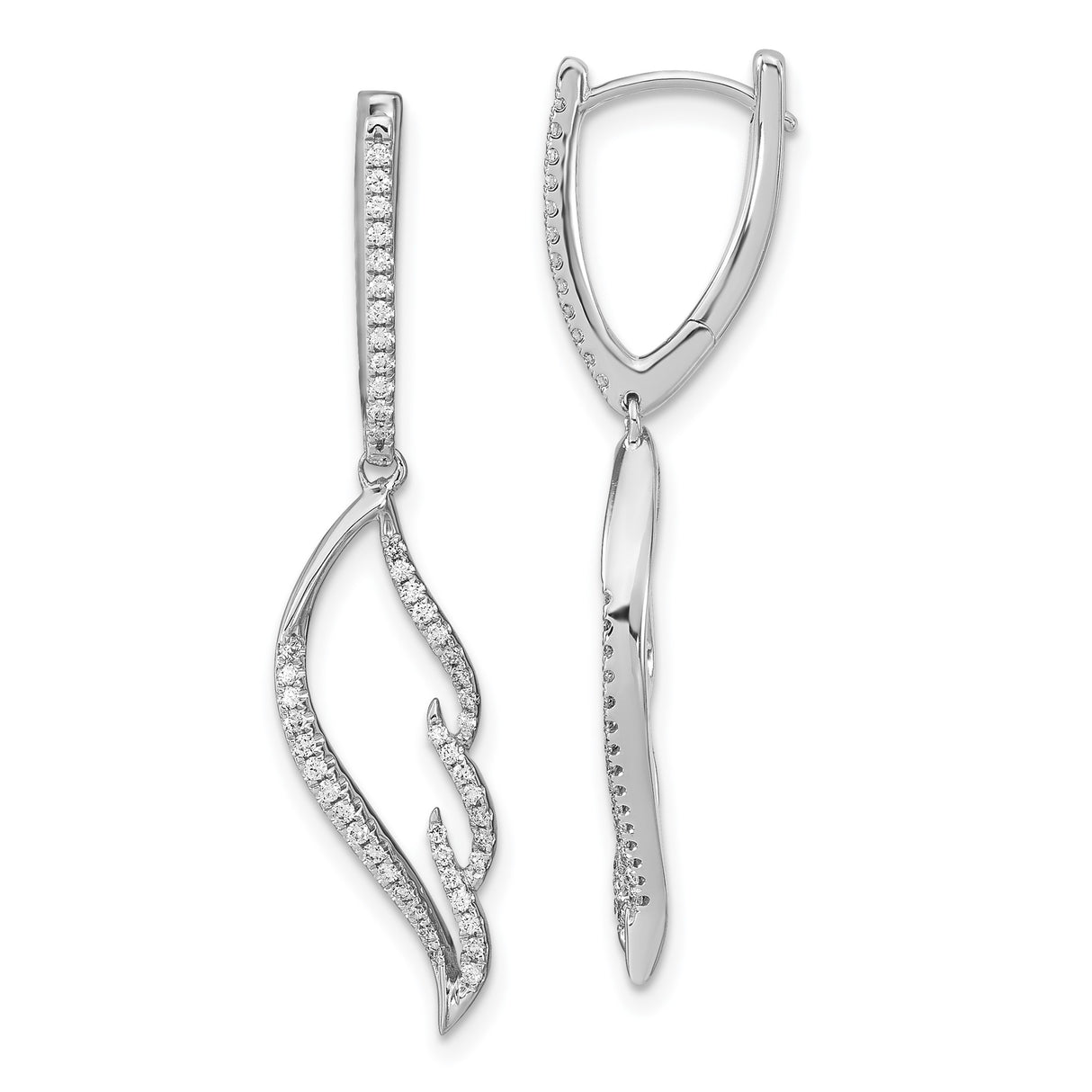 14k White Gold Dangle Earrings with Round Cut Diamonds, Modern Flame Design
