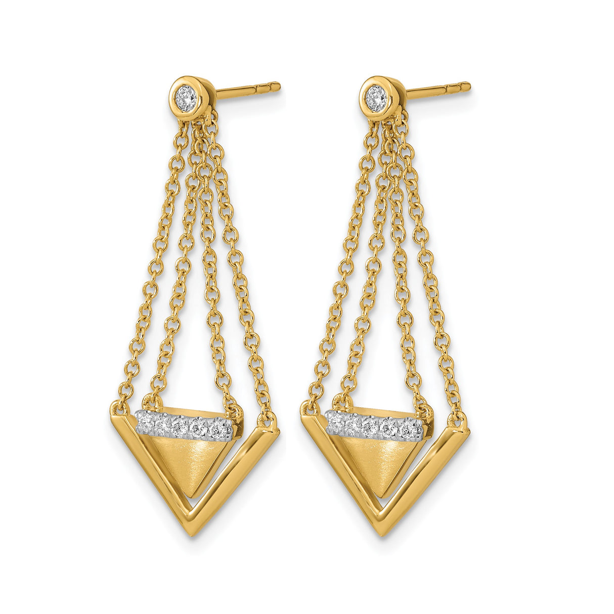 14k Yellow Gold Dangle Earrings with Diamond Accents, Geometric V and Triangle Drop Design