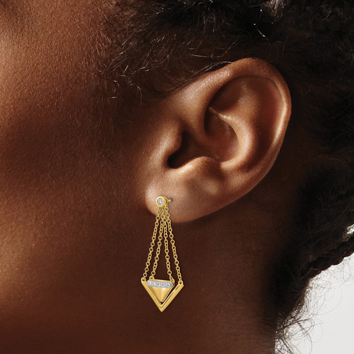 14k Yellow Gold Dangle Earrings with Diamond Accents, Geometric V and Triangle Drop Design