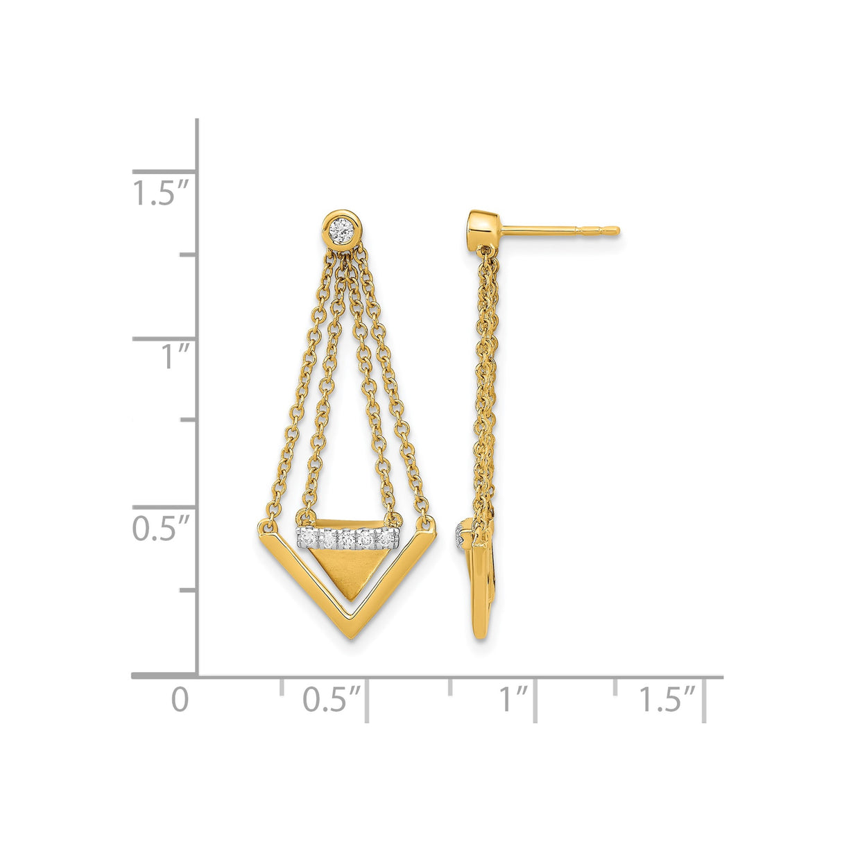 14k Yellow Gold Dangle Earrings with Diamond Accents, Geometric V and Triangle Drop Design