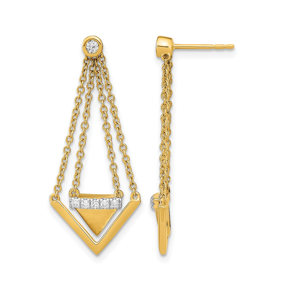 14k Yellow Gold Dangle Earrings with Diamond Accents, Geometric V and Triangle Drop Design