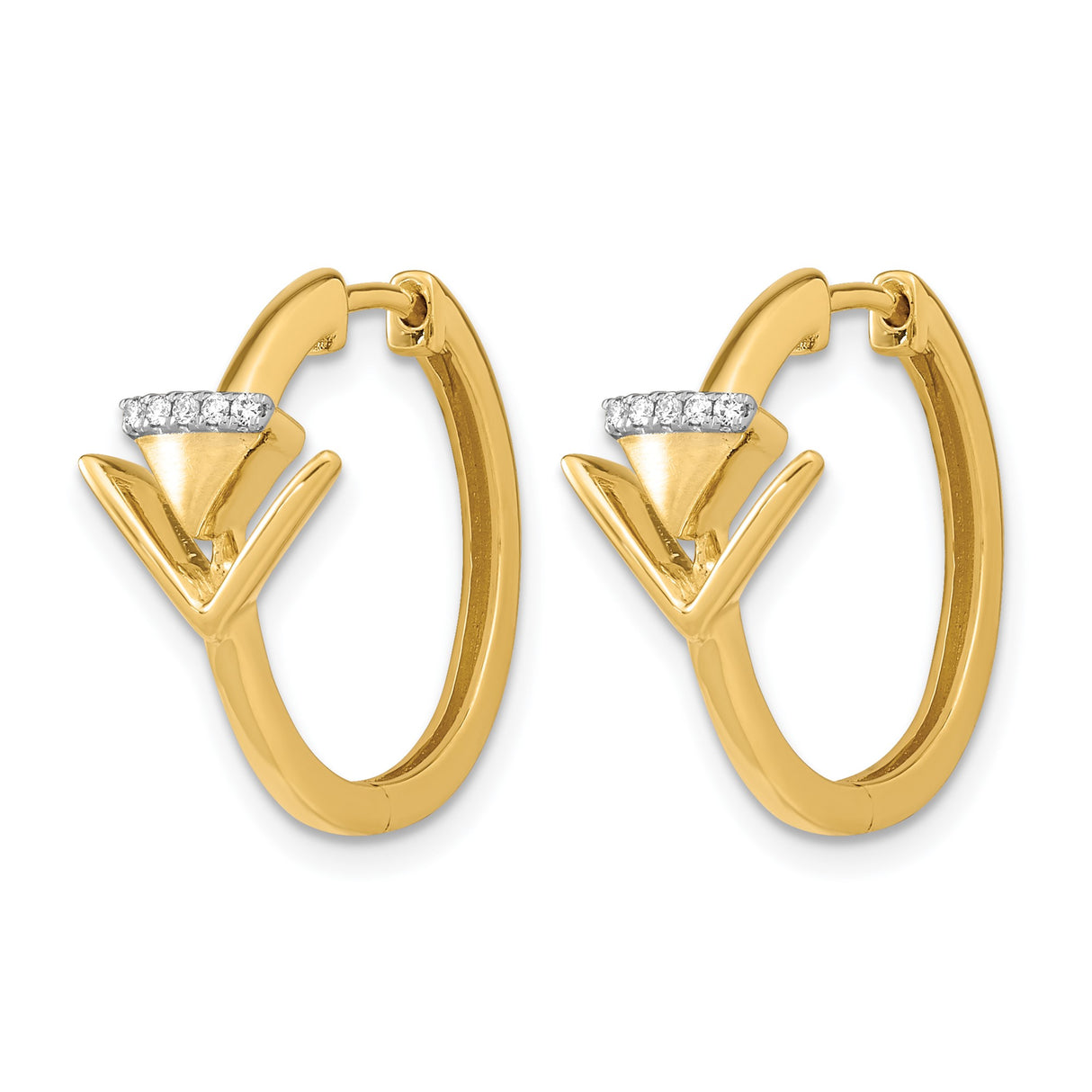 14k Yellow Gold Hoop Earrings with Diamond Chevron Triangle Drop, Modern Minimalist Design