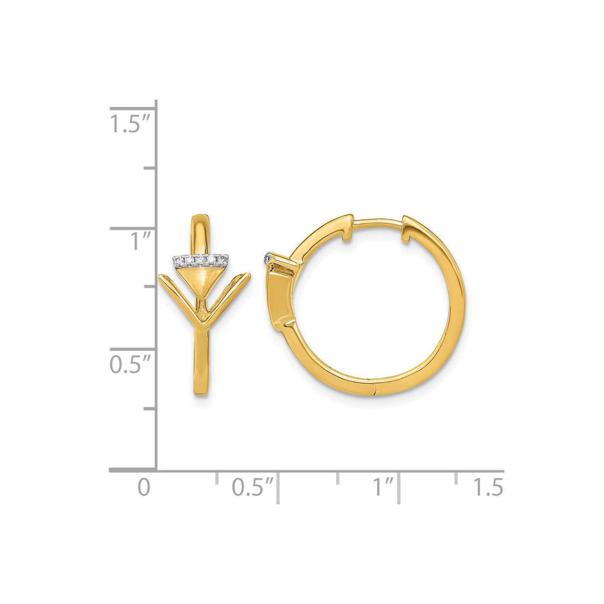 14k Yellow Gold Hoop Earrings with Diamond Chevron Triangle Drop, Modern Minimalist Design