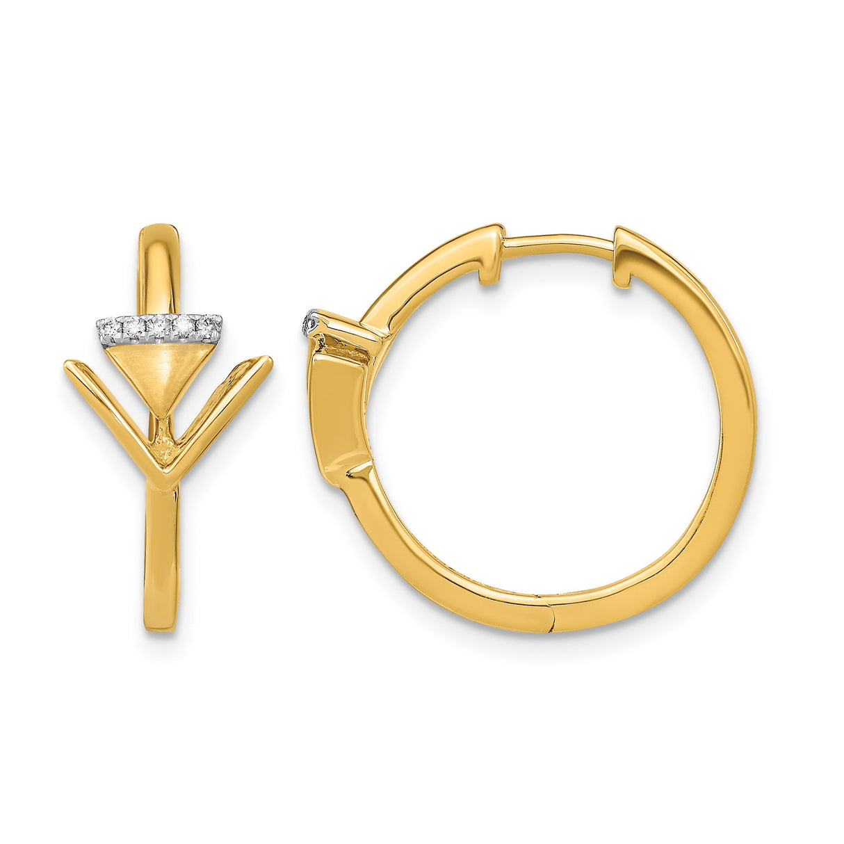 14k Yellow Gold Hoop Earrings with Diamond Chevron Triangle Drop, Modern Minimalist Design