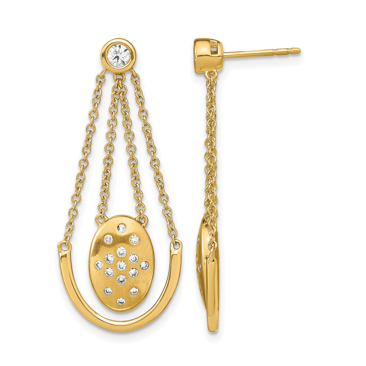 14k Yellow Gold Drop Earrings with Cubic Zirconia, Multi-Chain Dangle and Oval Horseshoe Design