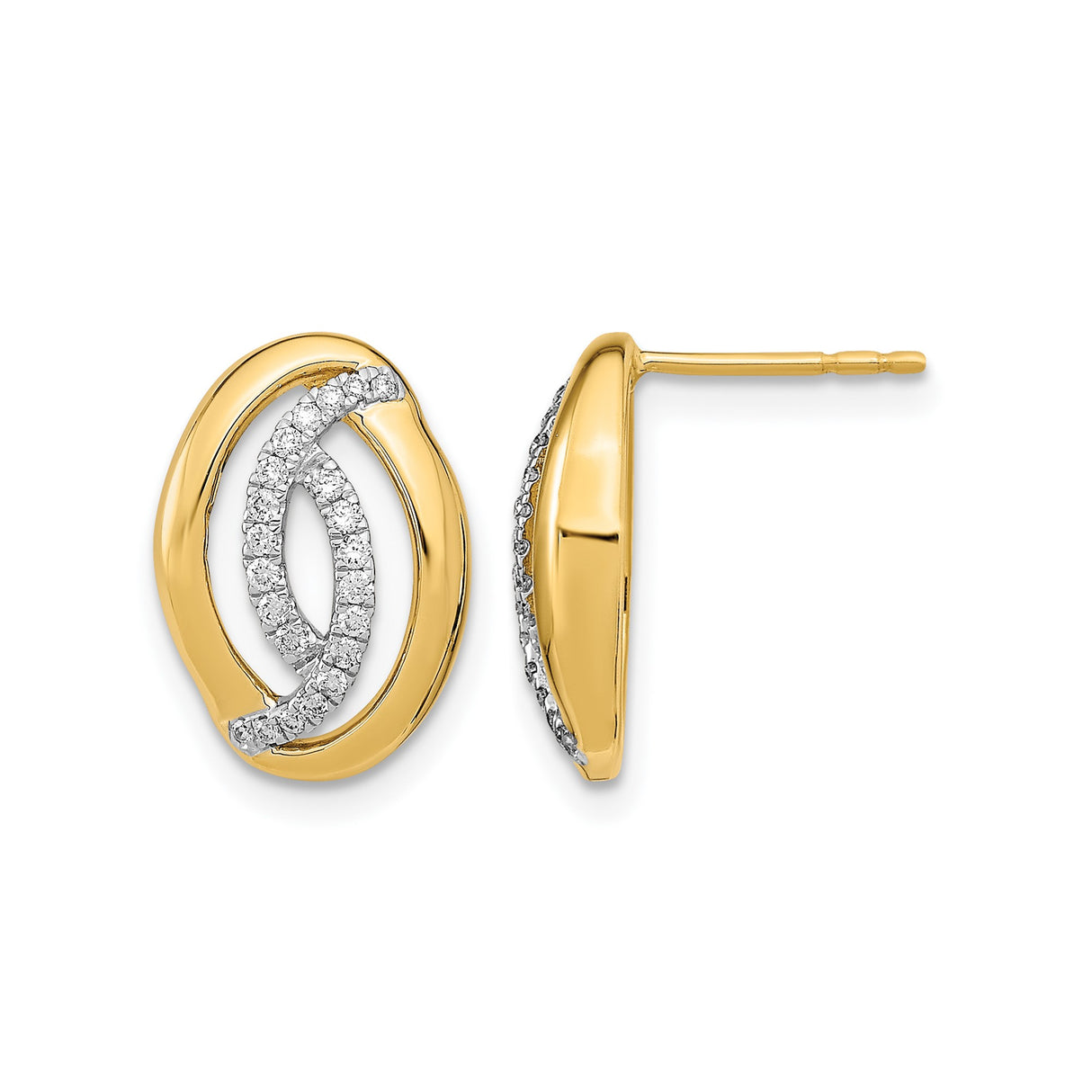 14k Yellow Gold Stud Earrings with Diamond Accents, Oval and Interlocking Marquise Design