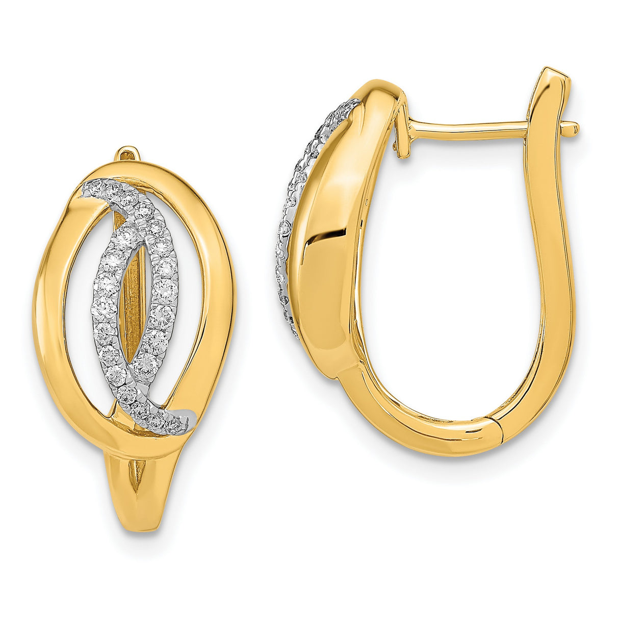 14k Yellow Gold Marquise Hoop Earrings with Diamonds, Polished Finish, Modern Open Design
