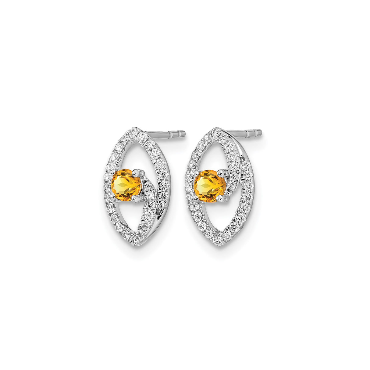 14k White Gold Marquise Stud Earrings with Round Citrine and Diamond Accents