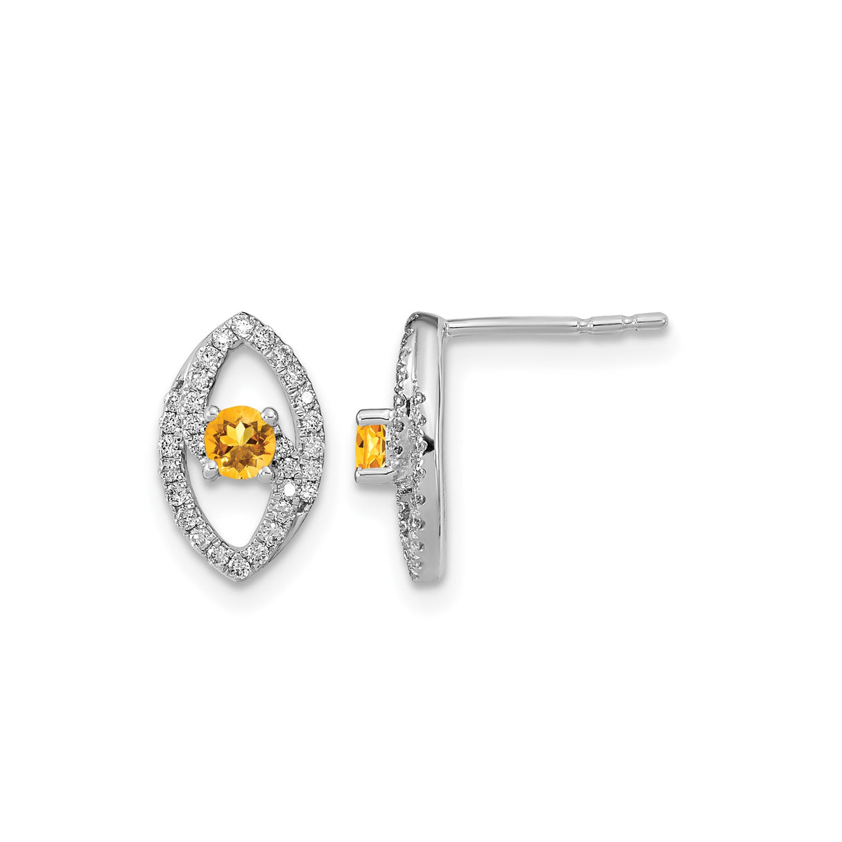 14k White Gold Marquise Stud Earrings with Round Citrine and Diamond Accents