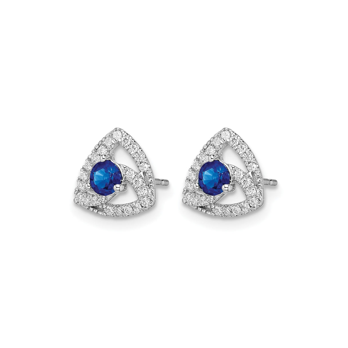 14k White Gold Stud Earrings with Blue Sapphire and Diamond Halo, Triangle Design