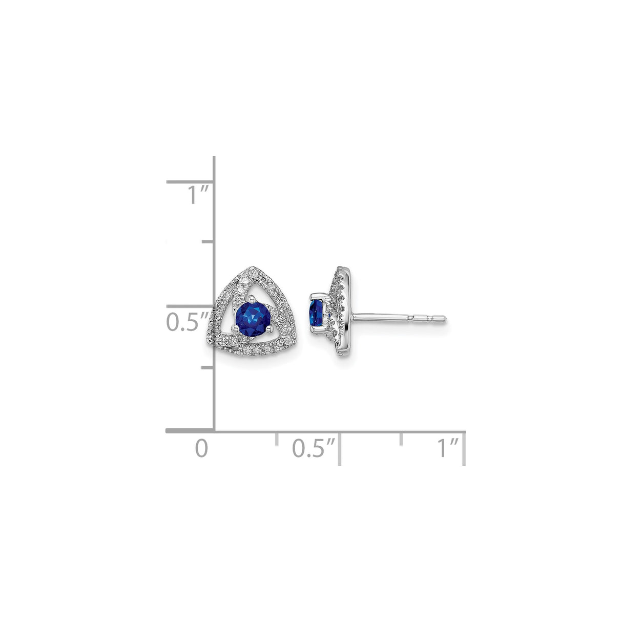 14k White Gold Stud Earrings with Blue Sapphire and Diamond Halo, Triangle Design