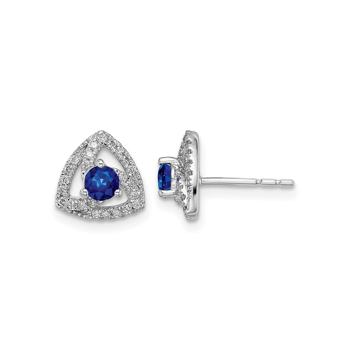 14k White Gold Stud Earrings with Blue Sapphire and Diamond Halo, Triangle Design