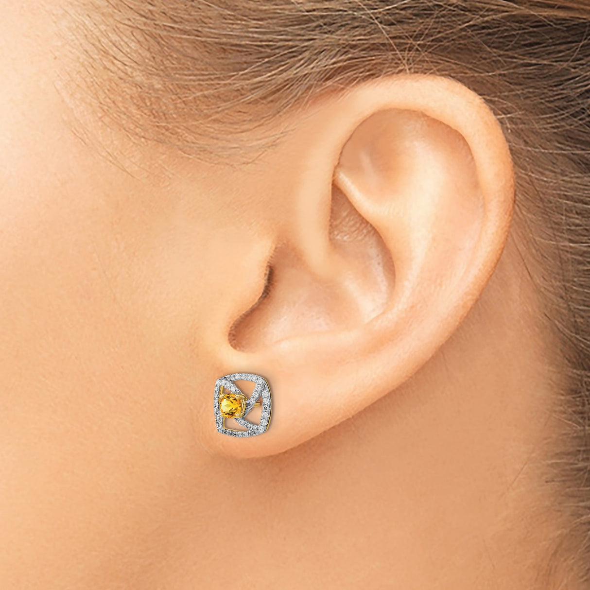 14k Yellow Gold Stud Earrings with Round Citrine and Diamond Accents, Cushion Halo Design