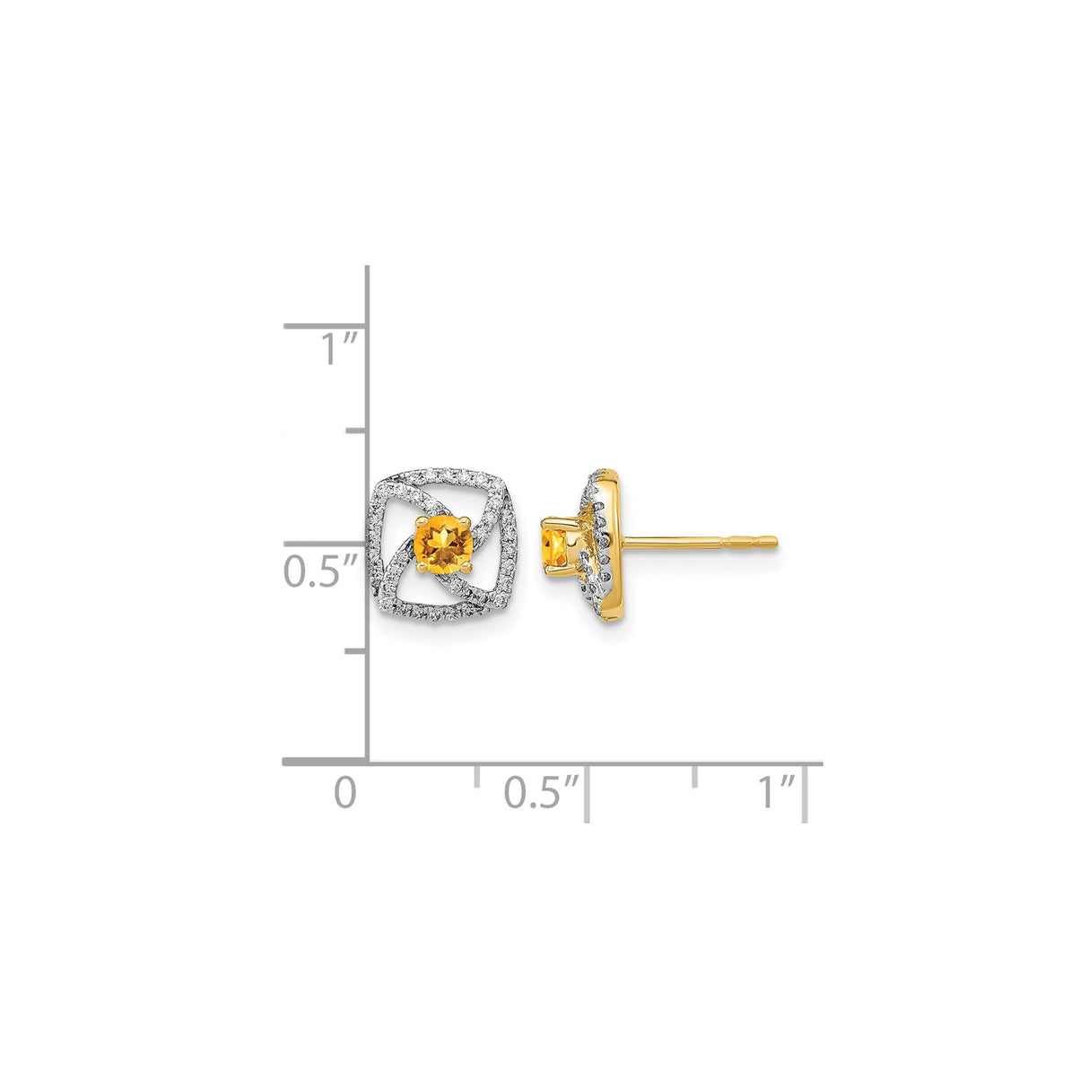 14k Yellow Gold Stud Earrings with Round Citrine and Diamond Accents, Cushion Halo Design